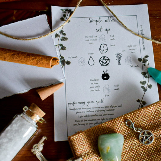 Witchcraft supplies including a pentacle charm, candles, and a ritual card on a wooden surface.