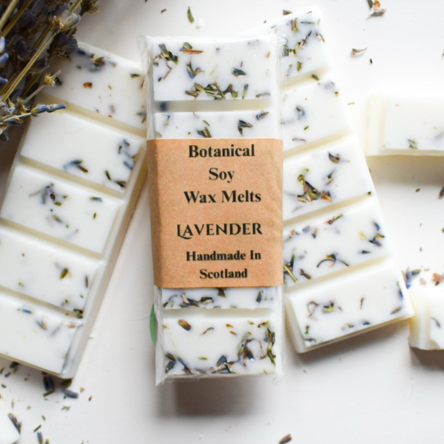 Bar of Botanical Soy Wax Melts with lavender scent, handmade in Scotland, on a white background.