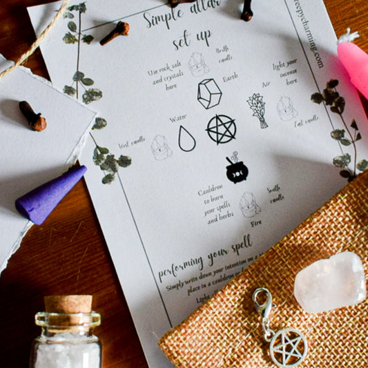Witchcraft altar setup guide with crystals, candles, and a pentacle charm on a wooden surface.