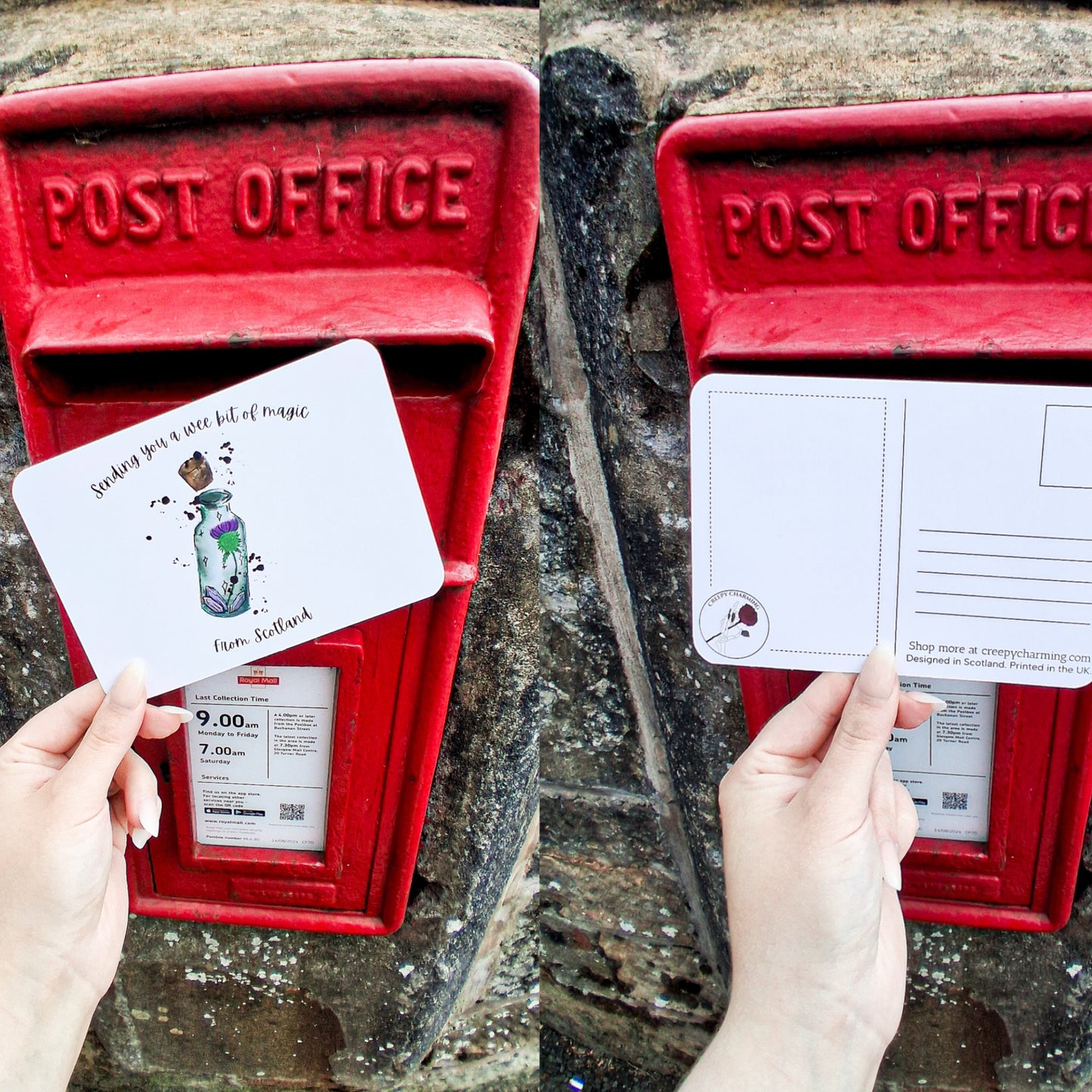 Red post office box with a hand placing a postcard inside, on a stone wall background.