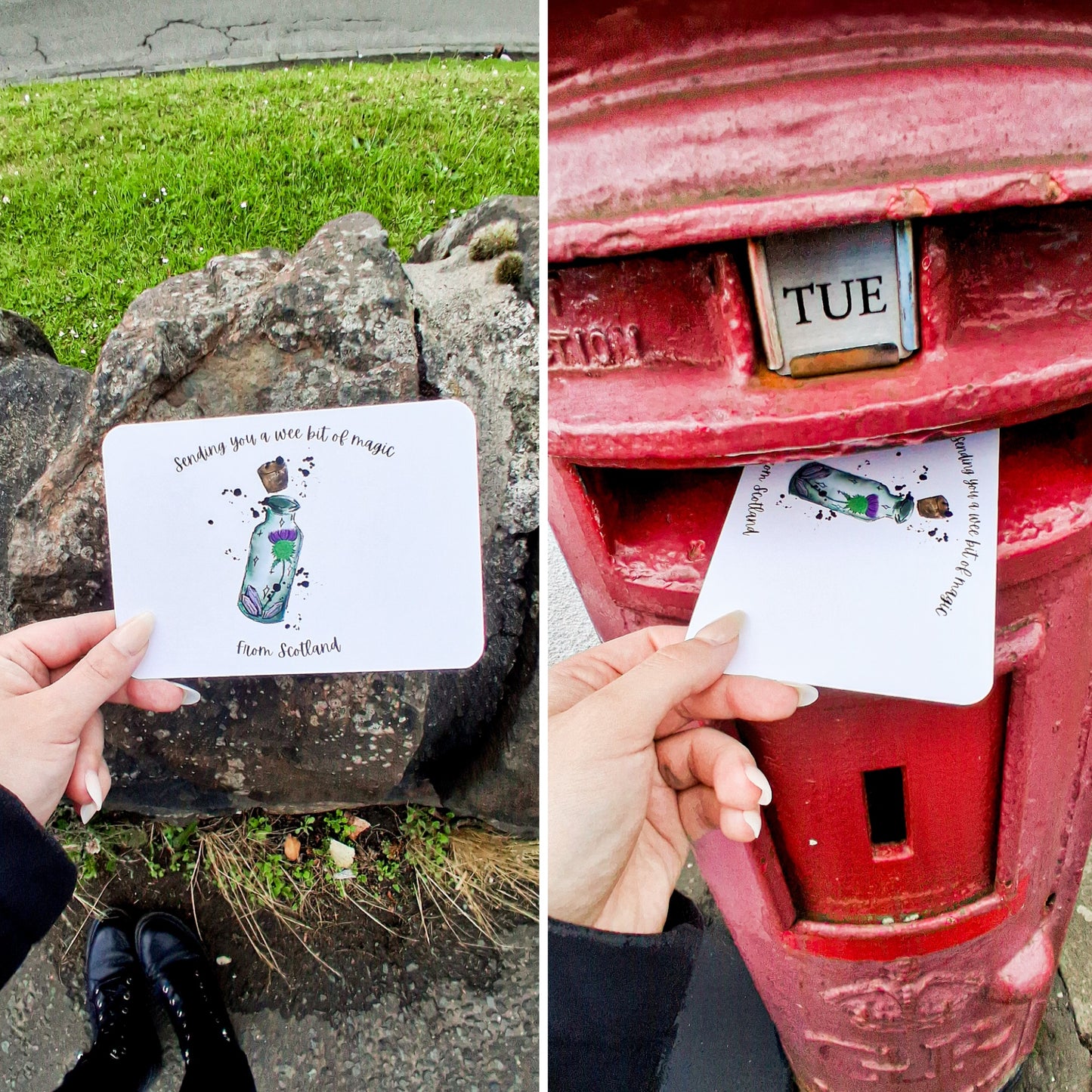 Person holding a postcard with a bottle illustration outdoors, then inserting it into a red mailbox.