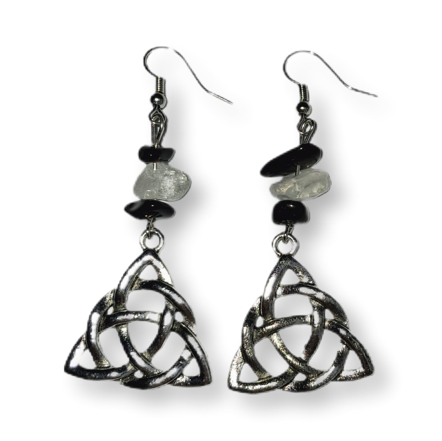 Celtic knot earrings with black and clear beads on a white background