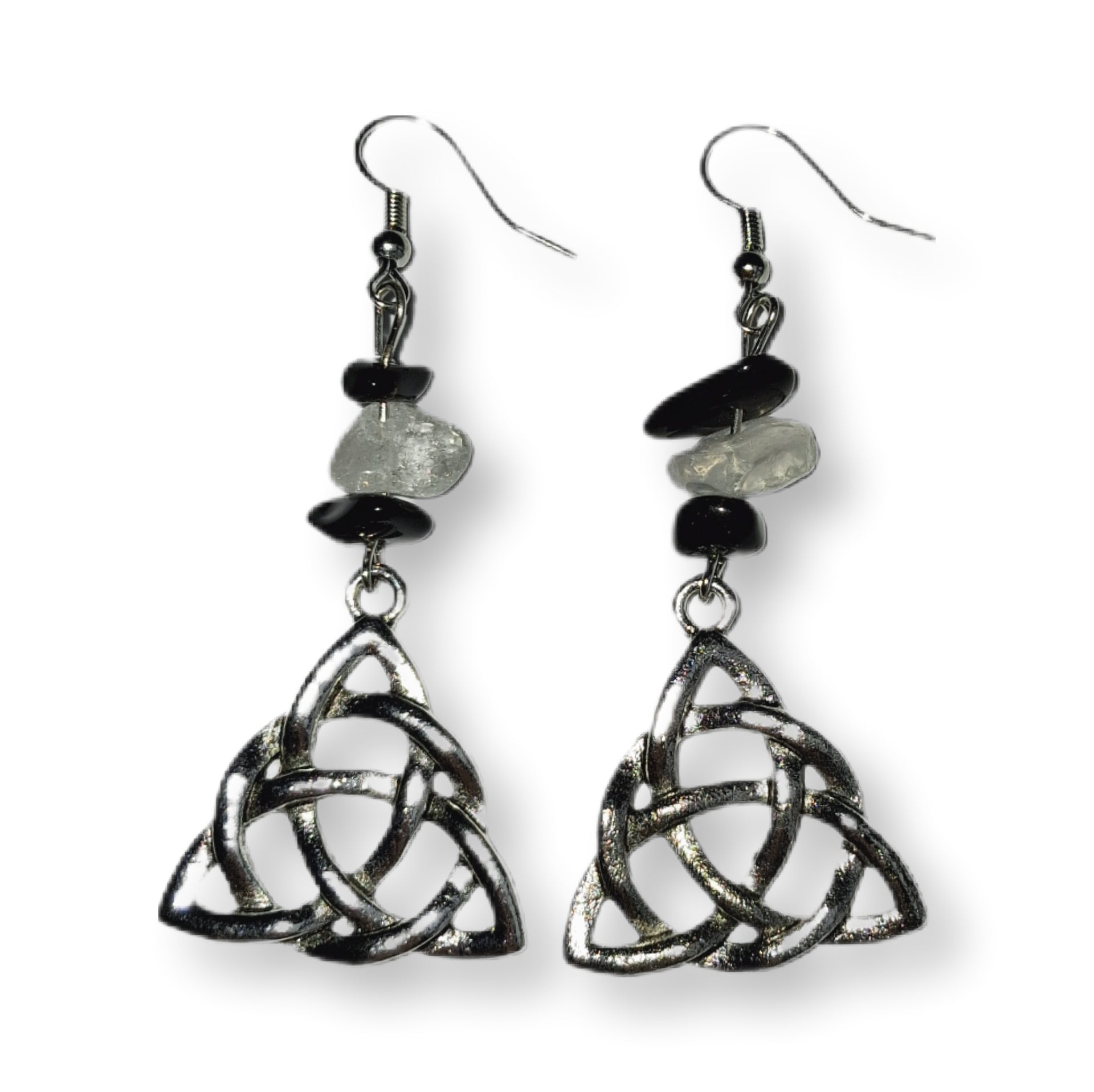 Celtic knot earrings with black and clear beads on a white background